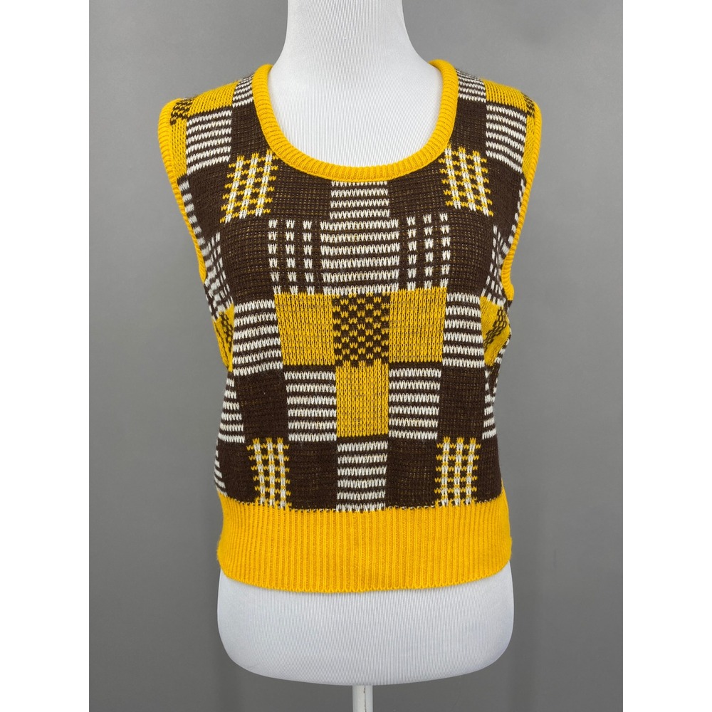 Ship 'n Shore Sweater Vest Women S Vintage 70s Yellow Brown Plaid Knit Geometric